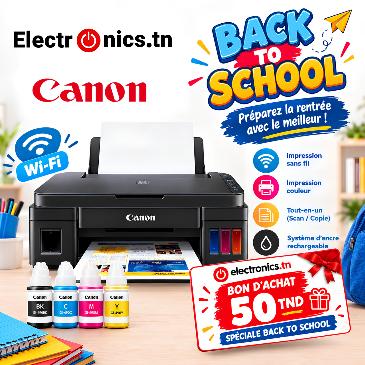 Imprimante à Réservoir Intégré CANON Pixma G3410 3en1 WIFI Couleur